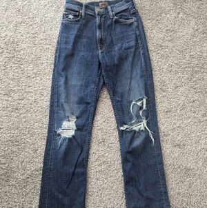 Mother The Rider Ankle Fray Jeans Distressed Dark Wash High Rise Size 25
